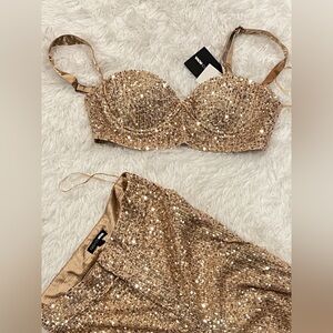 Fashion Nova Sequin Gold Two-Piece Set - Sparkling Bra & high waist pants